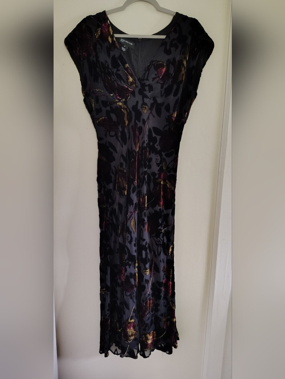 Vintage Black Silk Floral Maxi Dress 16 Bias Cut Dark Romantic Flowy Babydoll